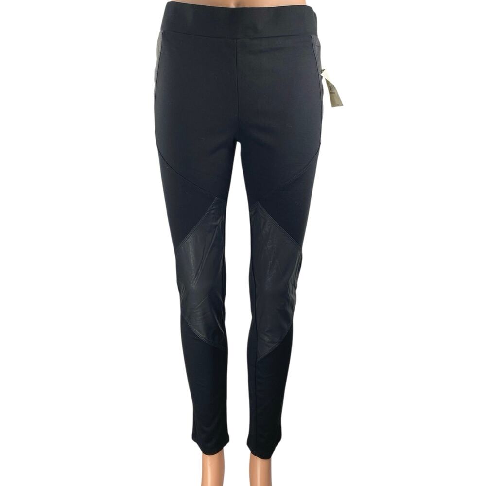 NEW Sapphire Ink Black Faux Leather Trim High Rise Skinny Trousers Pants Size M